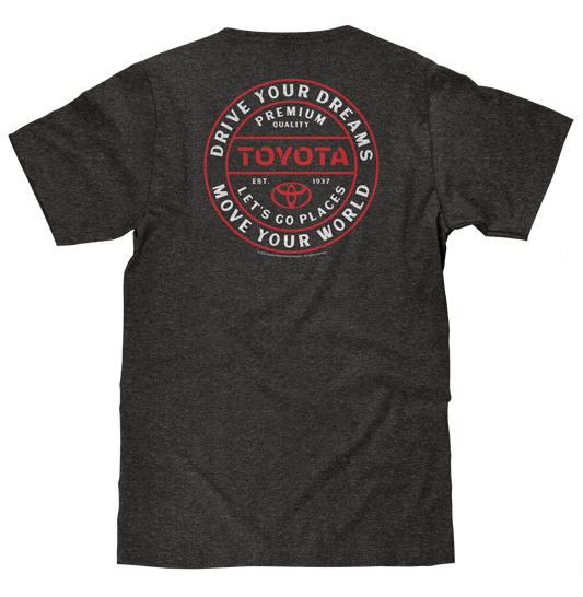 Toyota Drive Your Dreams Left Chest Front and Back Logo Mens T Shirt Charcoal Heather