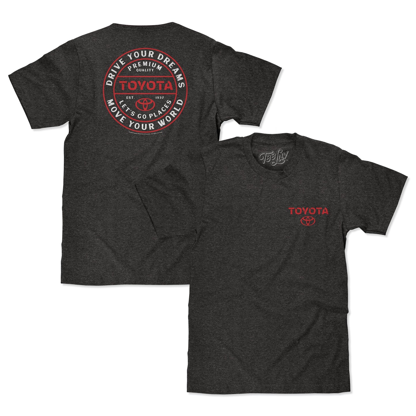 Toyota Drive Your Dreams Left Chest Front and Back Logo Mens T Shirt Charcoal Heather