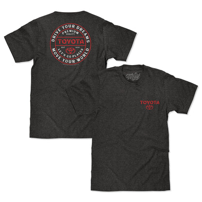 Toyota Drive Your Dreams Left Chest Front and Back Logo Mens T Shirt Charcoal Heather