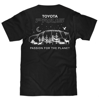 Toyota Prius Passion for the Planet Front and Back Print Mens T Shirt Black
