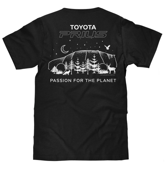 Toyota Prius Passion for the Planet Front and Back Print Mens T Shirt Black