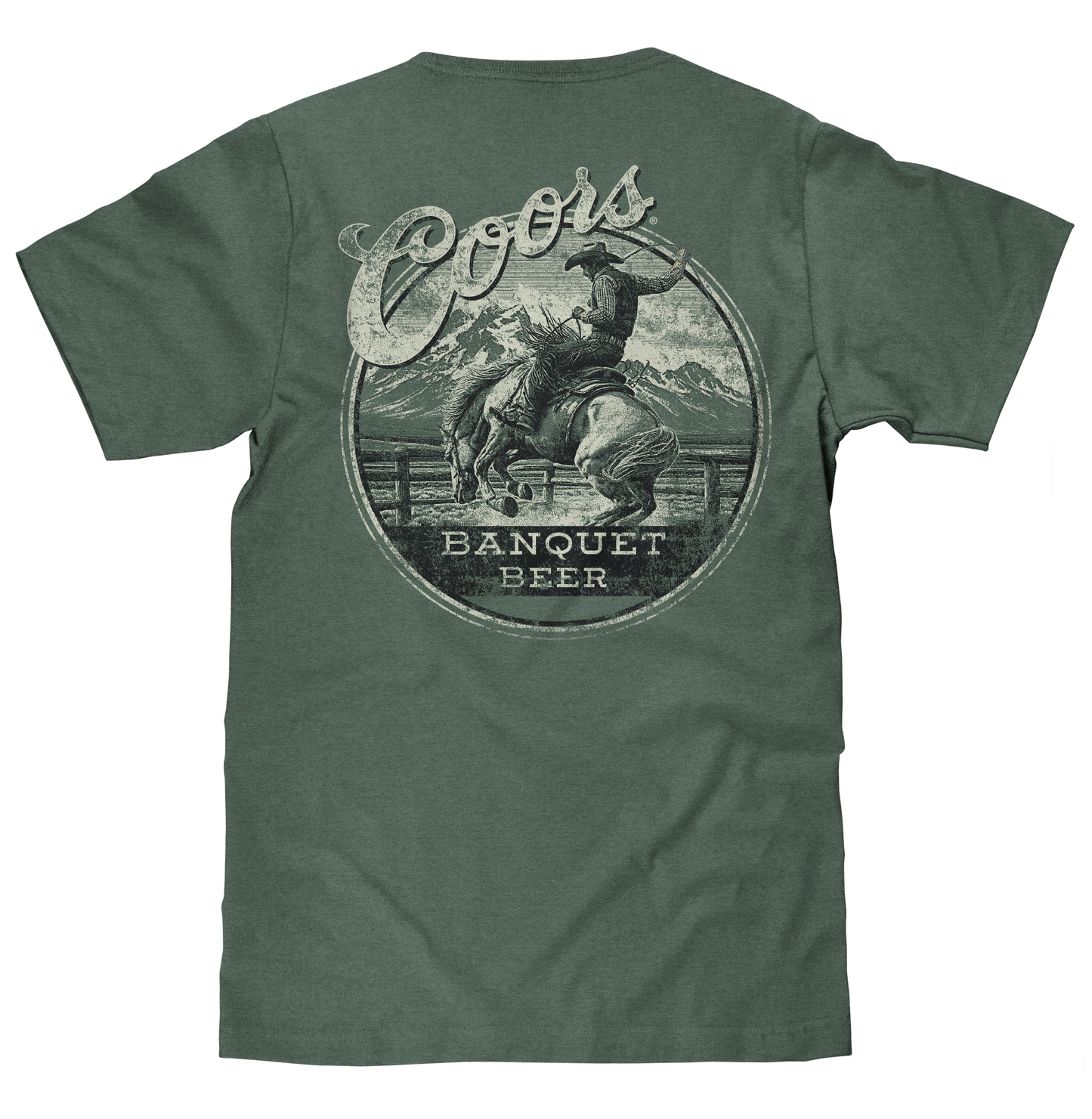 Coors Banquet Beer Rodeo Horse Front Pocket Tee Mens T Shirt Cypress Green