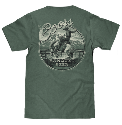 Coors Banquet Beer Rodeo Horse Front Pocket Tee Mens T Shirt Cypress Green