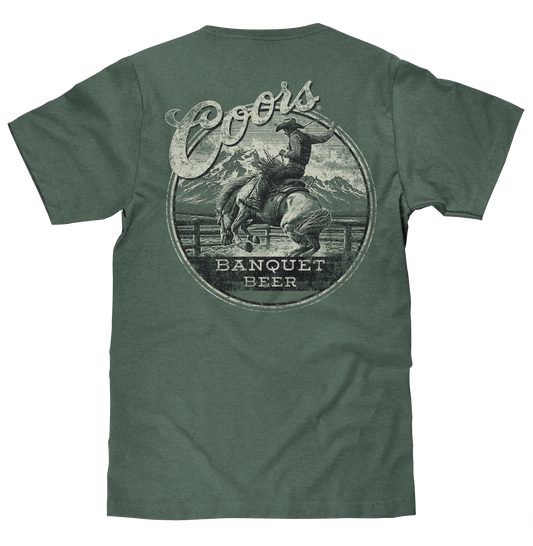 Coors Banquet Beer Rodeo Horse Front Pocket Tee Mens T Shirt Cypress Green