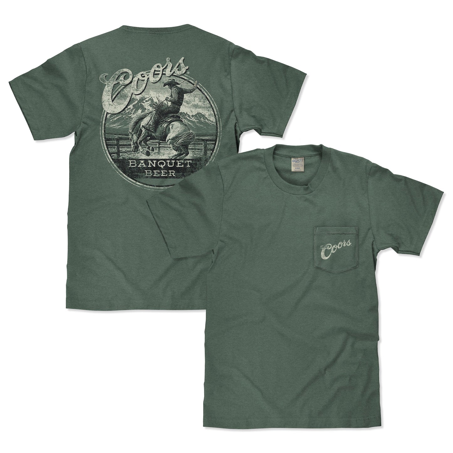 Coors Banquet Beer Rodeo Horse Front Pocket Tee Mens T Shirt Cypress Green