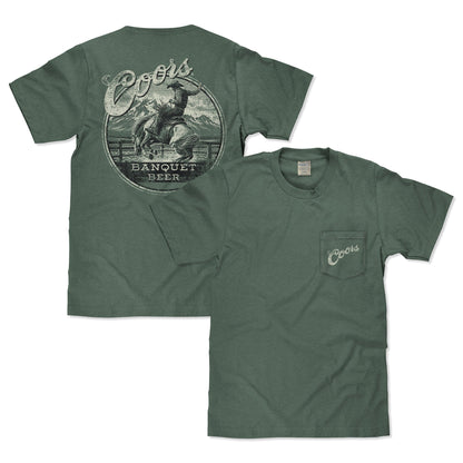 Coors Banquet Beer Rodeo Horse Front Pocket Tee Mens T Shirt Cypress Green