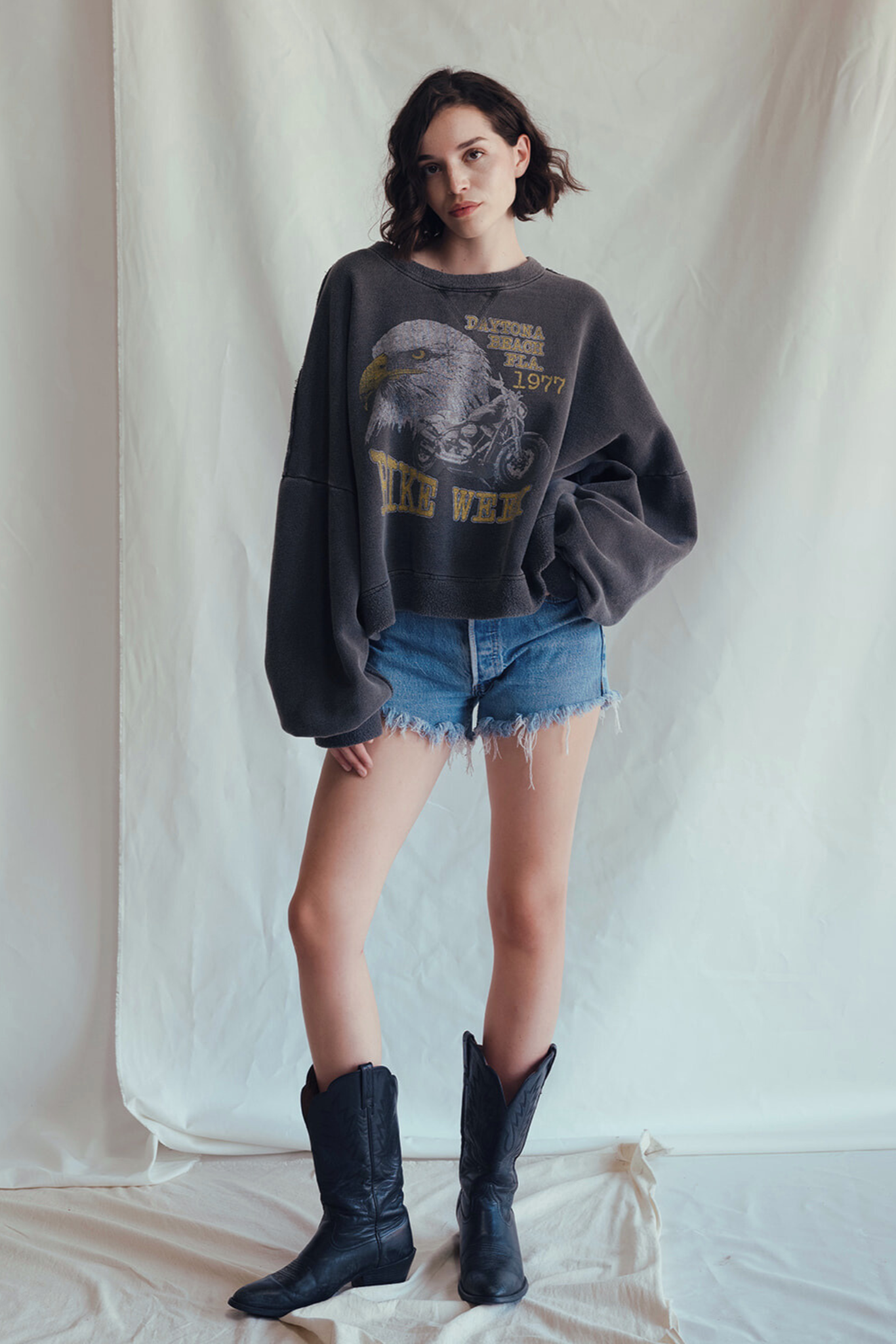 Daytona Beach Florida 1977 Eagle Motorcycle Womens Crewneck Sweatshirt Vintage Black