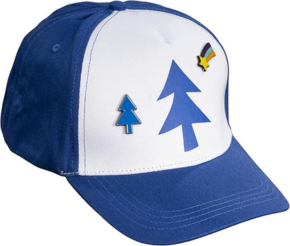 Dipper Blue and White Adult Adjustable Hat Cosplay with Rainbow and Christmas Tree Pins Halloween Costume Accessory Set
