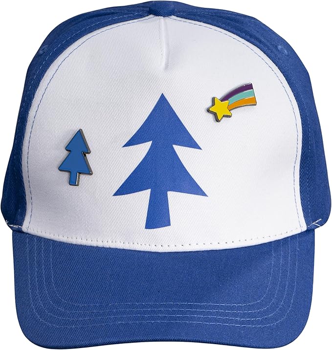 Dipper Blue and White Adult Adjustable Hat Cosplay with Rainbow and Christmas Tree Pins Halloween Costume Accessory Set