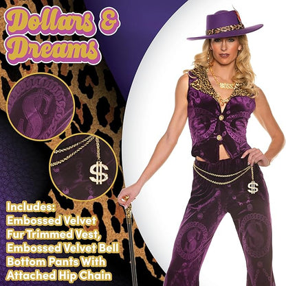 Sexy Velvet Pimp 70's Retro Disco Women Purple Dollars & Dreams Costume
