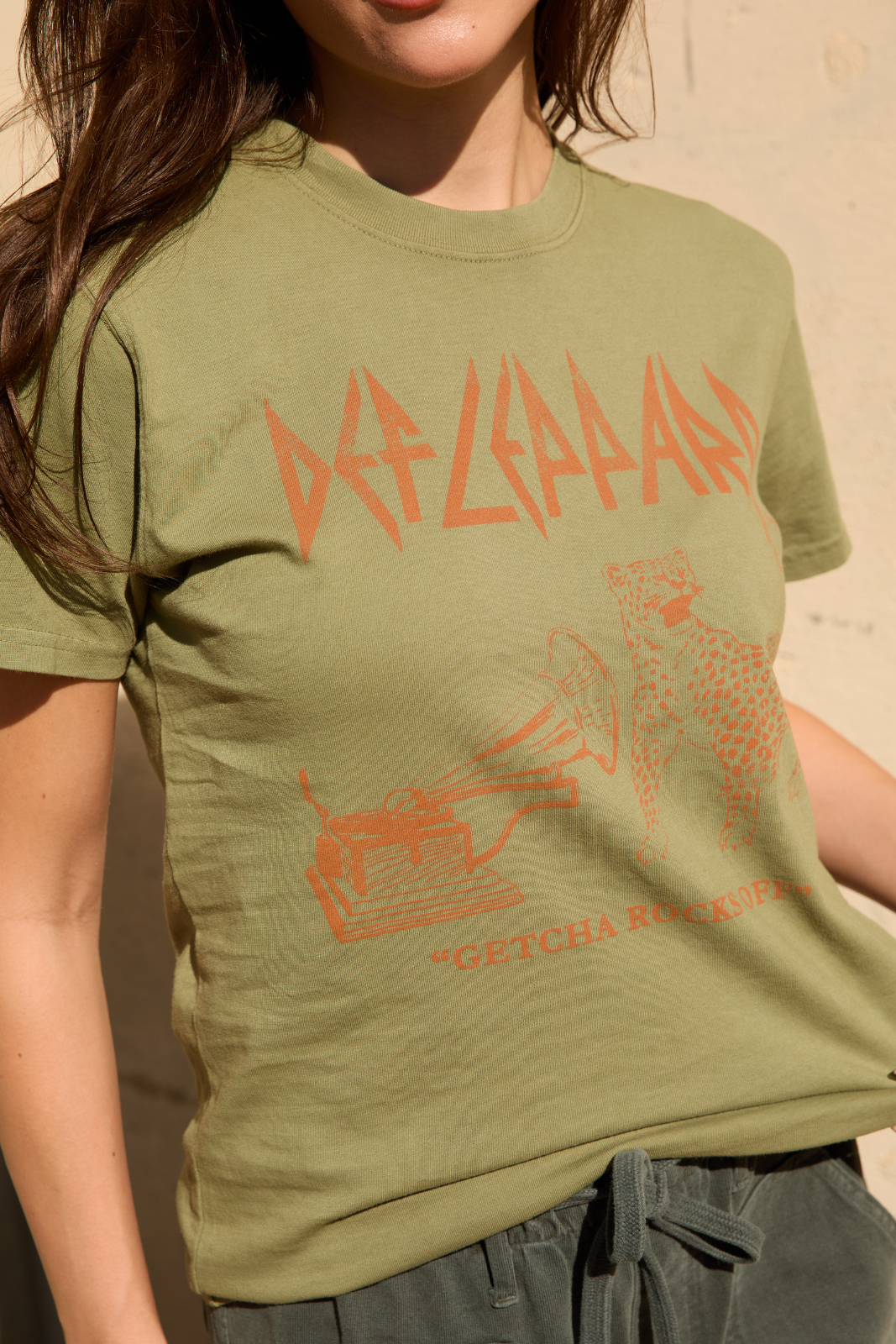 Def Leppard "Getcha Rocks Off" Tee Womens T Shirt Olive Green