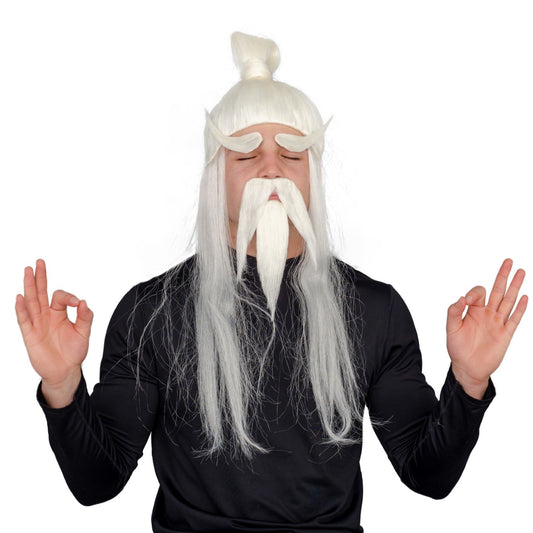Adult Halloween Martial Arts White Fu Manchu Beard and Wig Costume Accessory