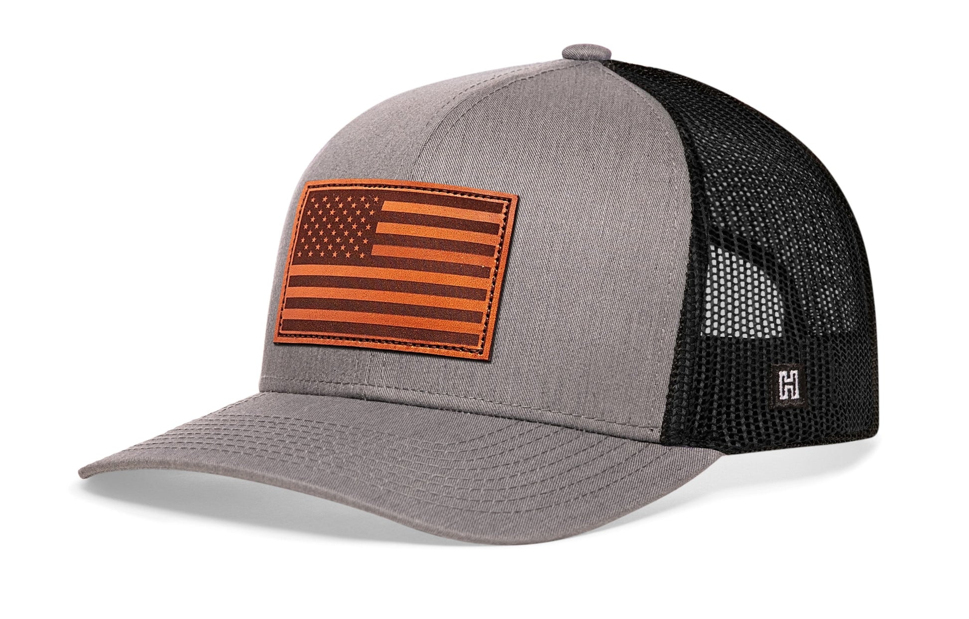 American Flag Trucker Leather Haka Hat Gray-Black USA Snapback