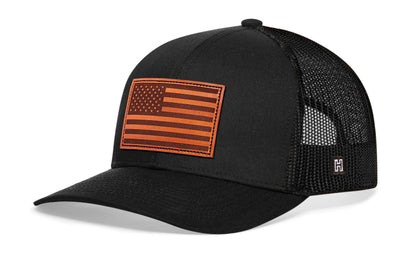 American Flag Trucker Leather Haka Hat Black USA Snapback
