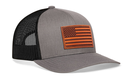 American Flag Trucker Leather Haka Hat Gray-Black USA Snapback