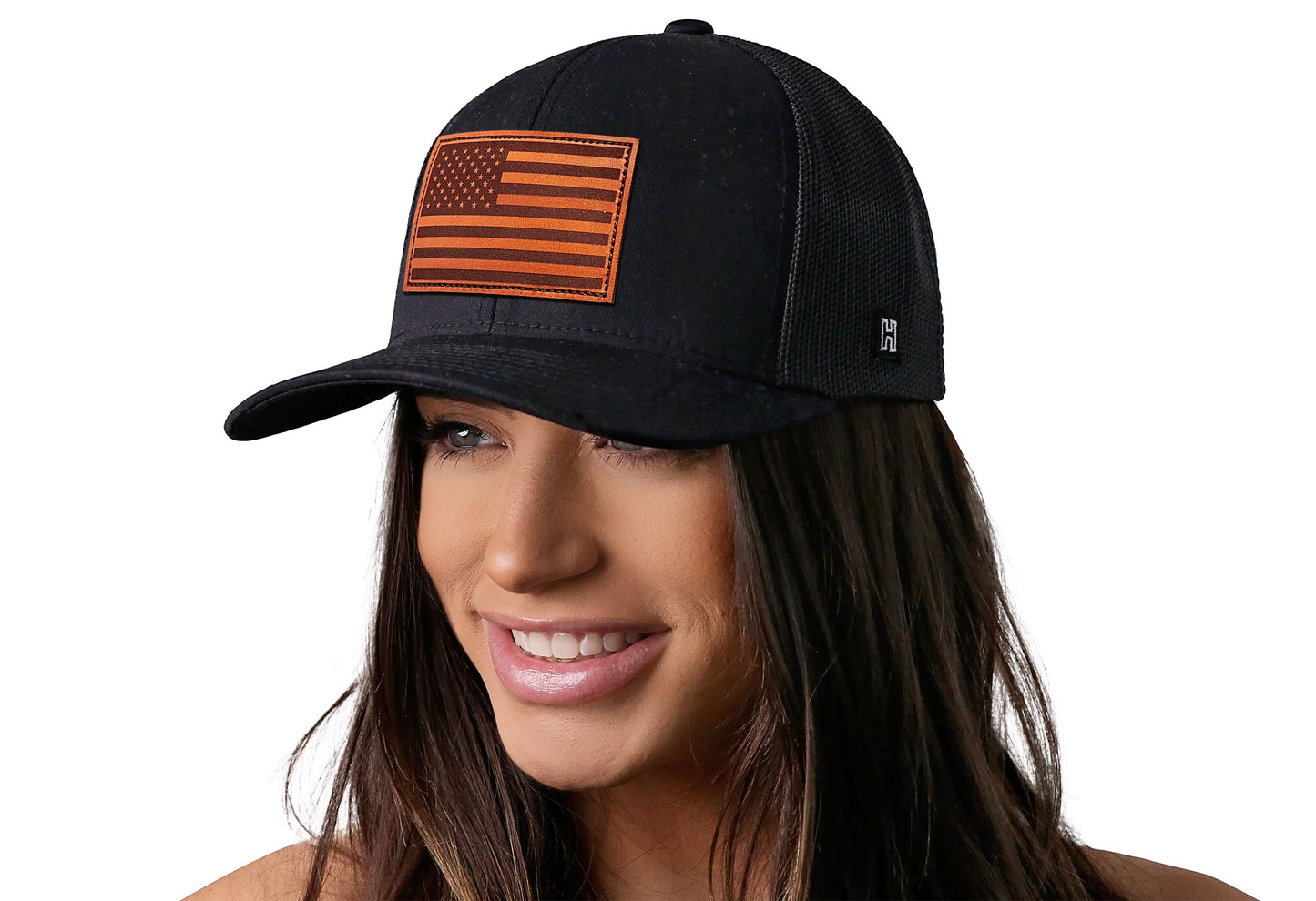 American Flag Trucker Leather Haka Hat Black USA Snapback
