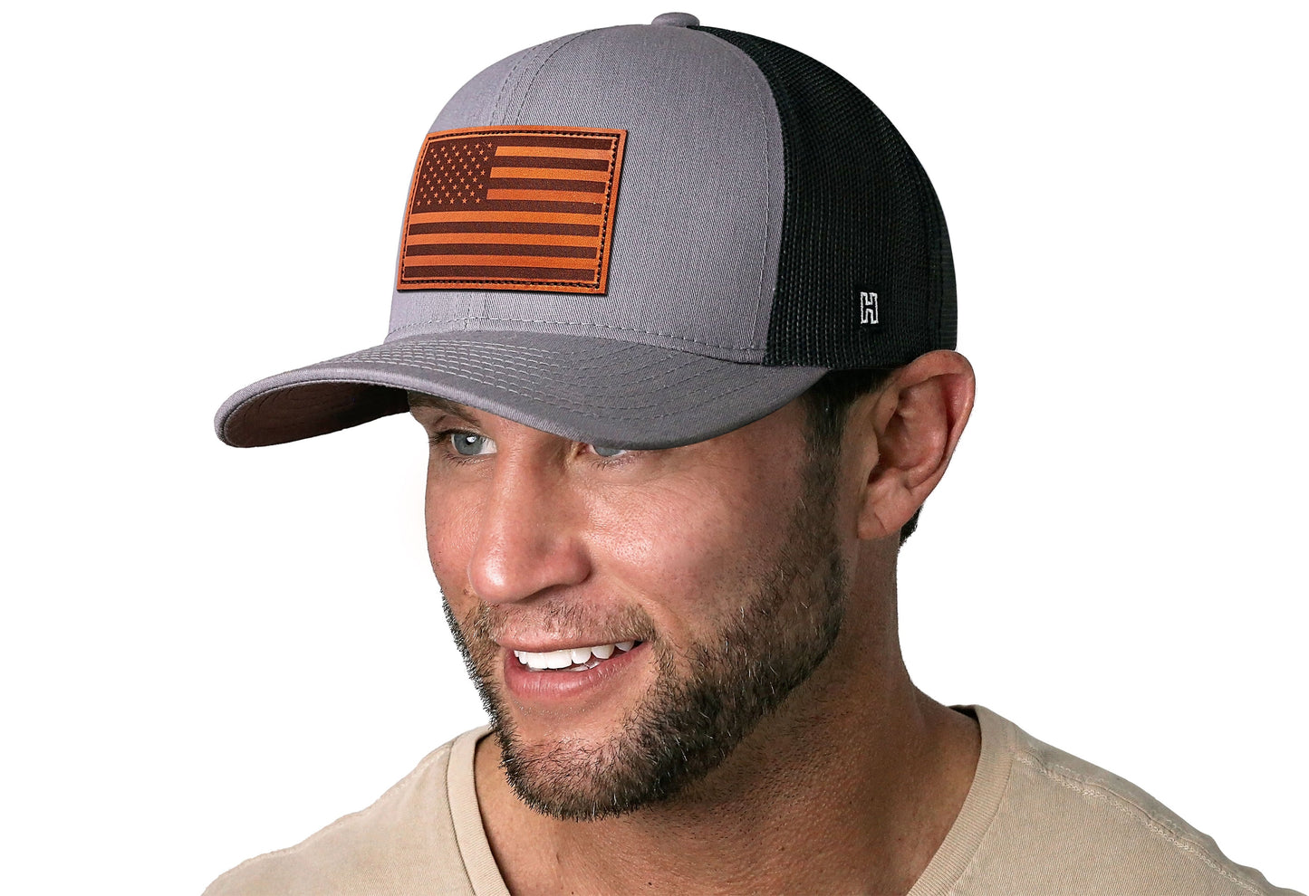 American Flag Trucker Leather Haka Hat Gray-Black USA Snapback