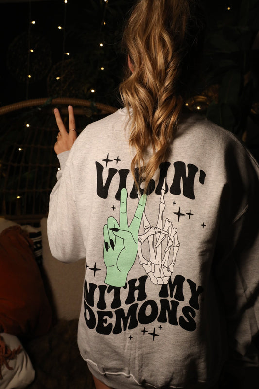 Vibin' with My Demons Graphic Womens Crewneck Sweatshirt Grey