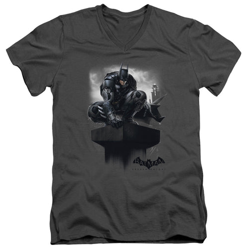 Batman Arkham Knight Perched Mens Slim Fit V Neck T Shirt Charcoal