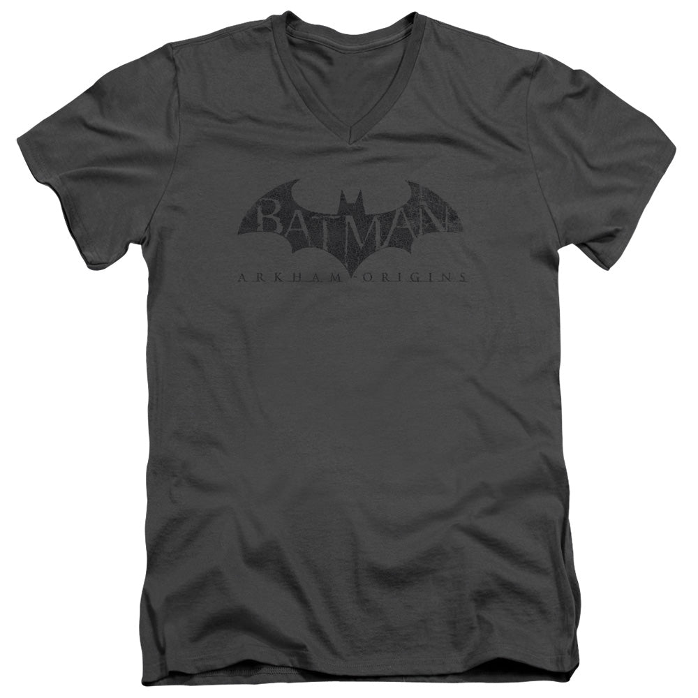 Batman Arkham Origins Crackle Logo Mens Slim Fit V Neck T Shirt Charcoal