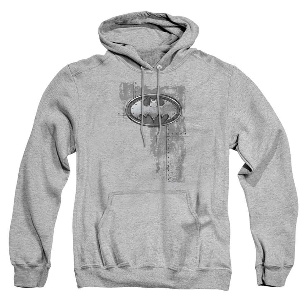 Batman Rivited Metal Logo Mens Hoodie Athletic Heather