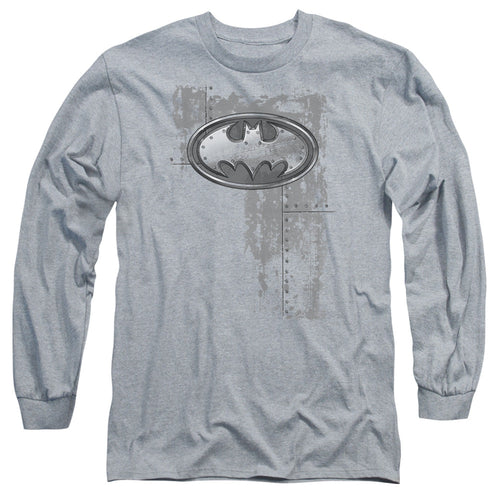 Batman Rivited Metal Logo Mens Long Sleeve Shirt Athletic Heather