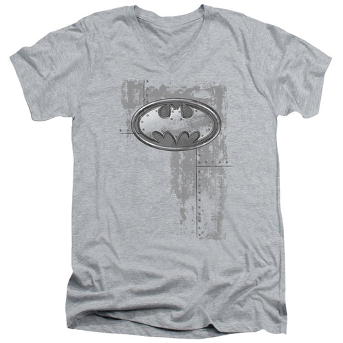 Batman Rivited Metal Logo Mens Slim Fit V Neck T Shirt Athletic Heather