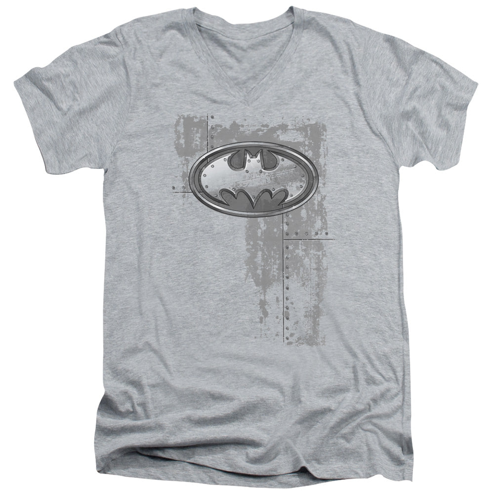 Batman Rivited Metal Logo Mens Slim Fit V Neck T Shirt Athletic Heather