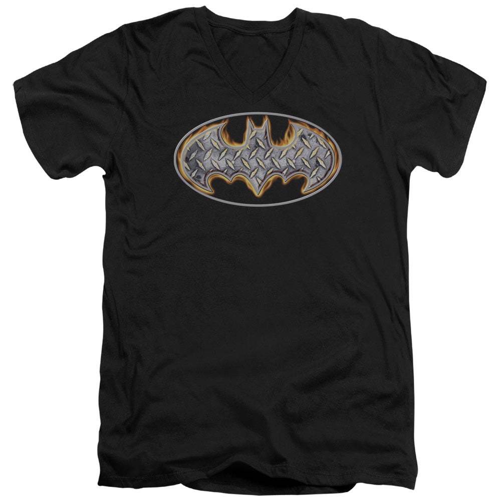 Batman Steel Fire Shield Mens Slim Fit V Neck T Shirt Black