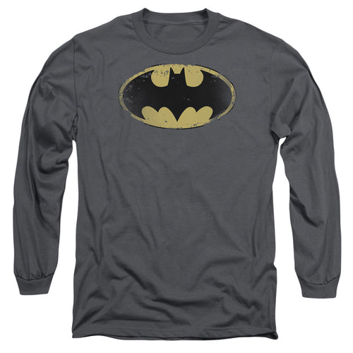 Batman Distressed Shield Mens Long Sleeve Shirt Charcoal