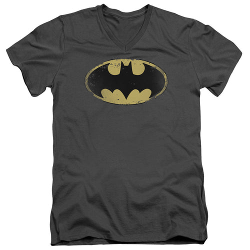 Batman Distressed Shield Mens Slim Fit V Neck T Shirt Charcoal