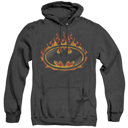 Batman Bat Flames Shield Heather Mens Hoodie Black