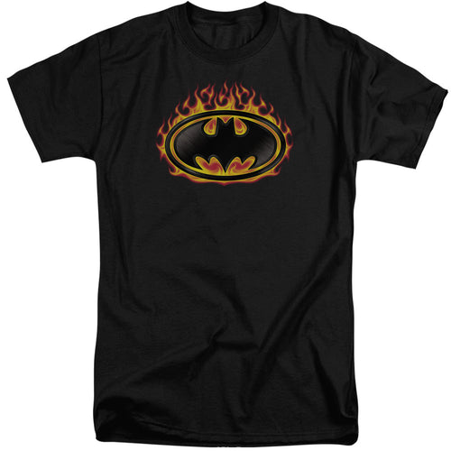 Batman Bat Flames Shield Mens Tall T Shirt Black