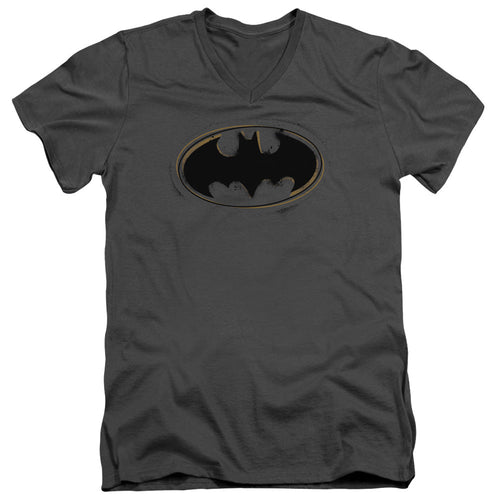 Batman Spray Paint Logo Mens Slim Fit V Neck T Shirt Charcoal