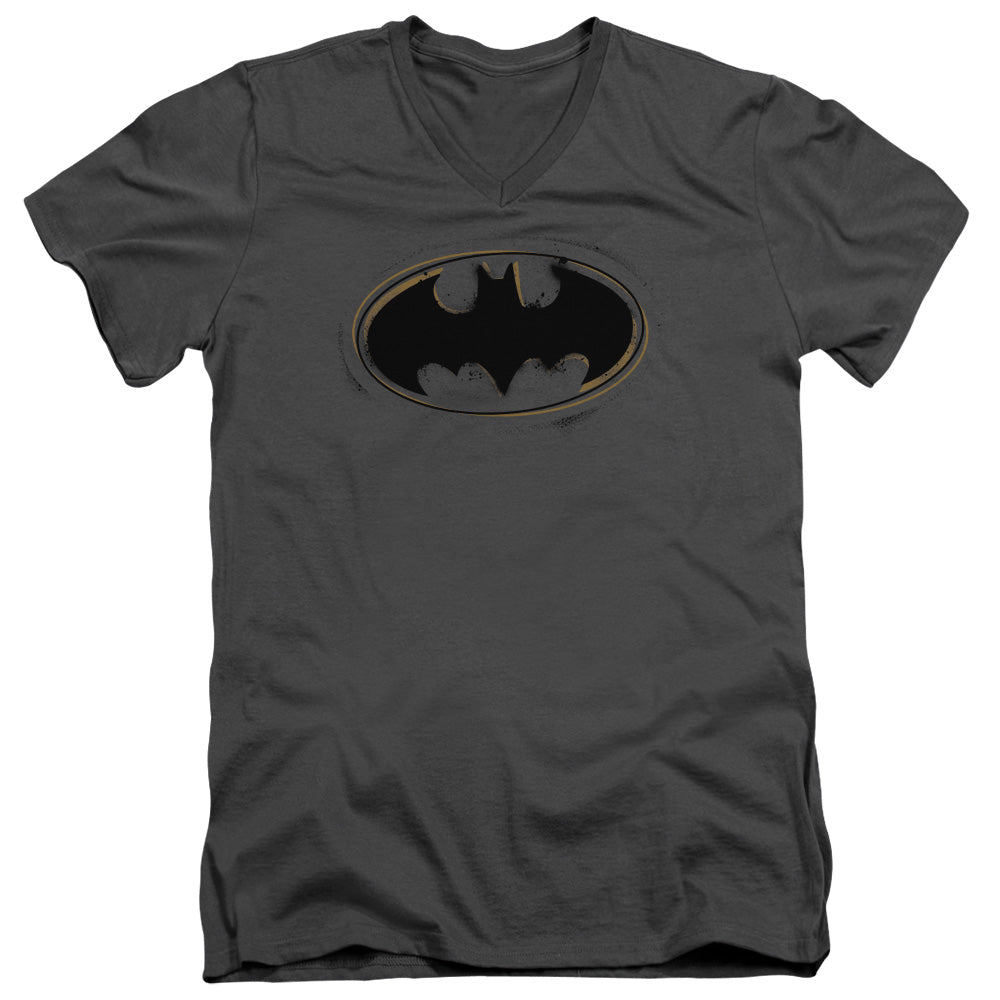 Batman Spray Paint Logo Mens Slim Fit V Neck T Shirt Charcoal