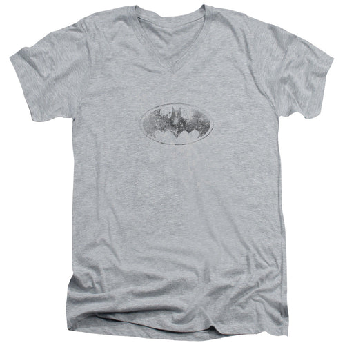 Batman Burned & Splatered Mens Slim Fit V Neck T Shirt Athletic Heather