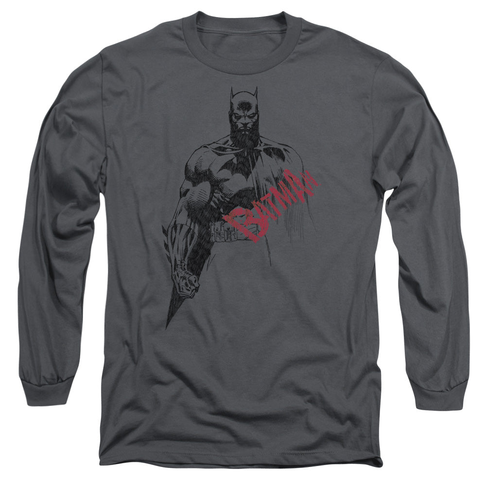 Batman Sketch Bat Red Logo Mens Long Sleeve Shirt Charcoal