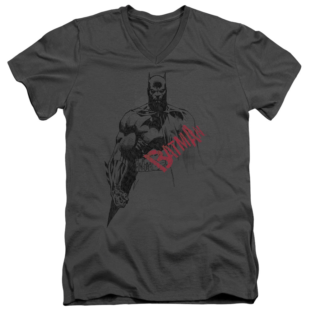 Batman Sketch Bat Red Logo Mens Slim Fit V Neck T Shirt Charcoal