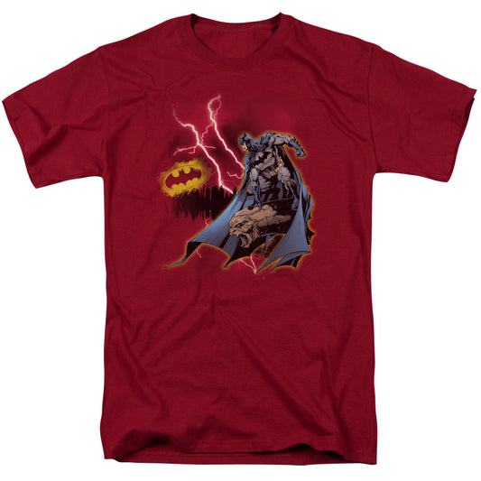 Batman Lightning Strikes Mens T Shirt Cardinal