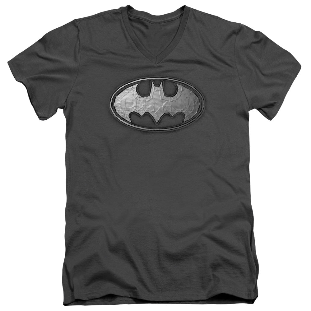 Batman Duct Tape Logo Mens Slim Fit V Neck T Shirt Charcoal