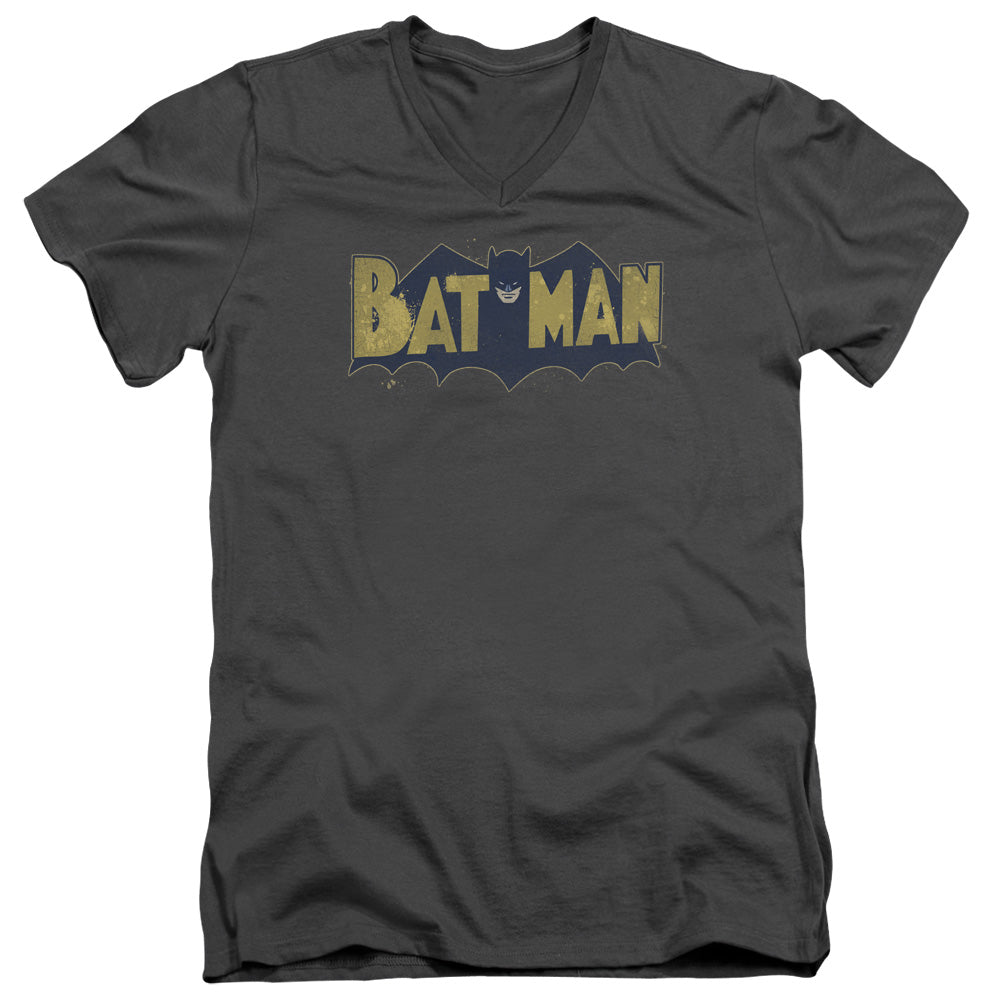 Batman Vintage Logo Splater Mens Slim Fit V Neck T Shirt Charcoal