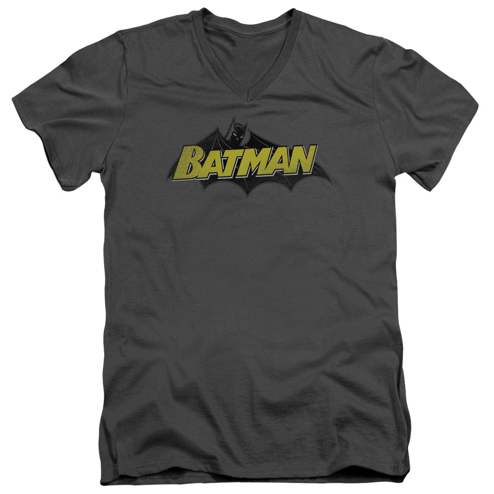 Batman Classic Comic Logo Mens Slim Fit V Neck T Shirt Charcoal