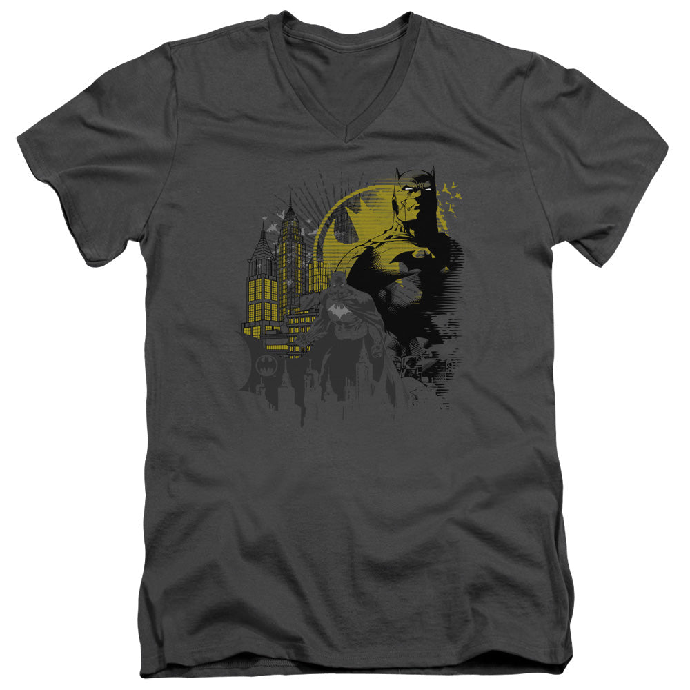 Batman The Dark City Mens Slim Fit V Neck T Shirt Charcoal