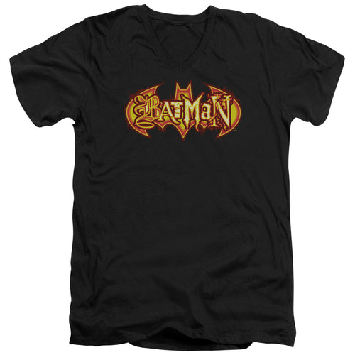 Batman Fiery Shield Mens Slim Fit V Neck T Shirt Black