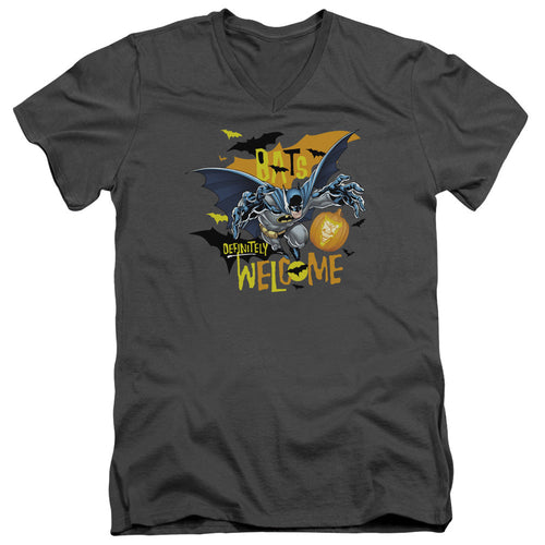 Batman Bats Welcome Mens Slim Fit V Neck T Shirt Charcoal