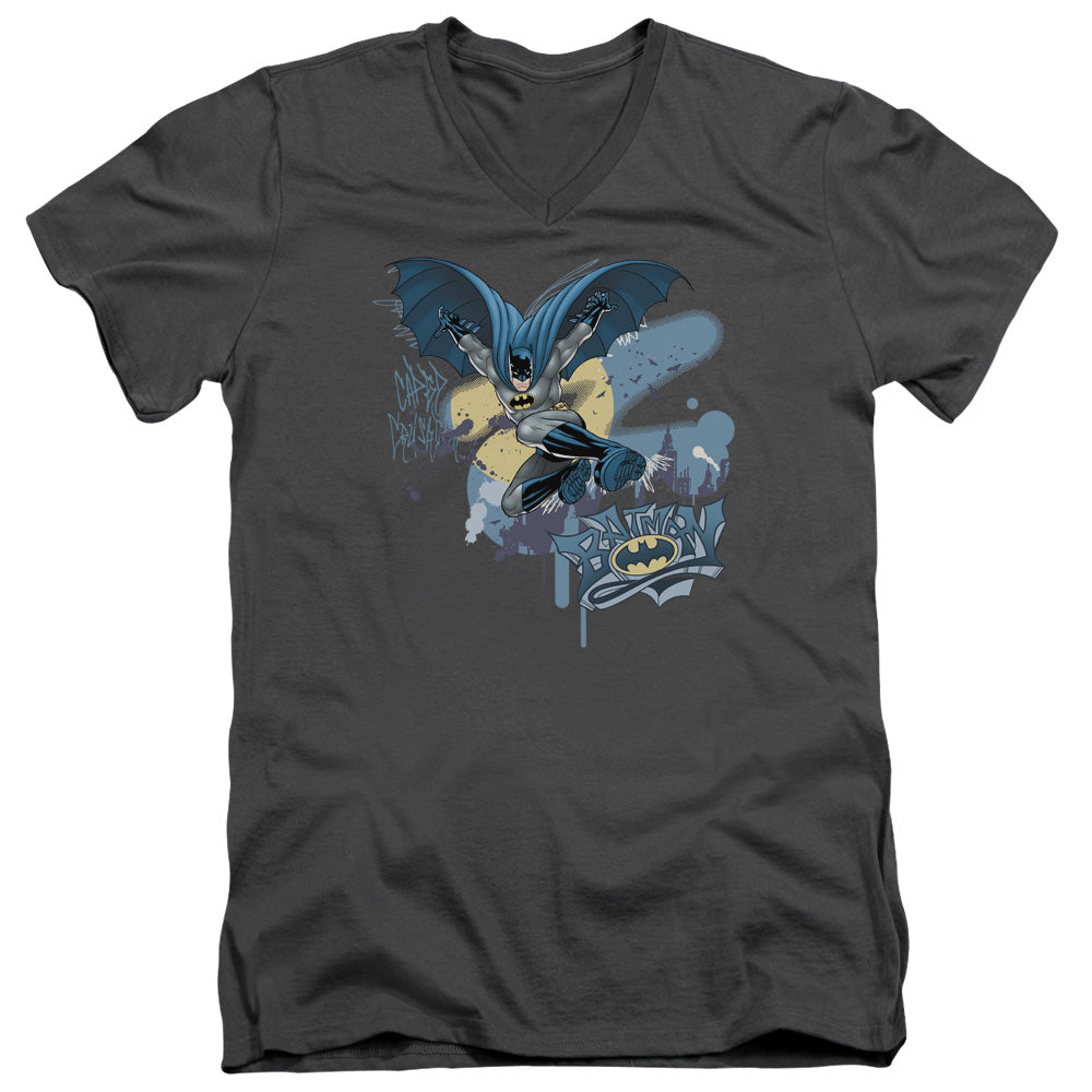 Batman Into The Night Mens Slim Fit V Neck T Shirt Charcoal