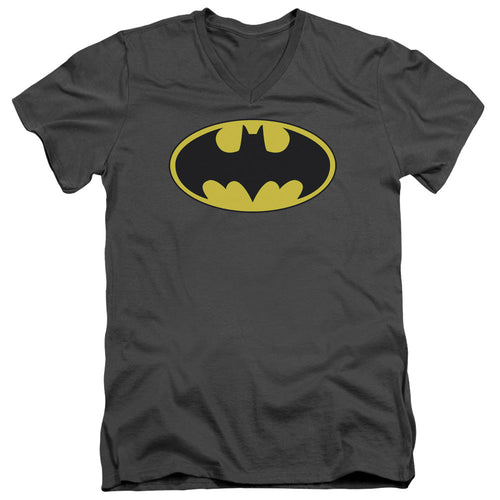 Batman Classic Bat Logo Mens Slim Fit V Neck T Shirt Charcoal