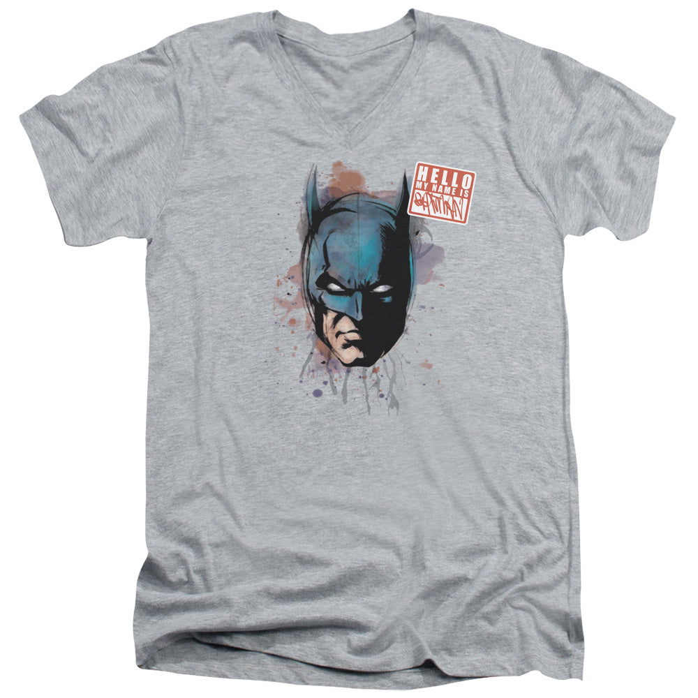 Batman Hello Mens Slim Fit V Neck T Shirt Athletic Heather