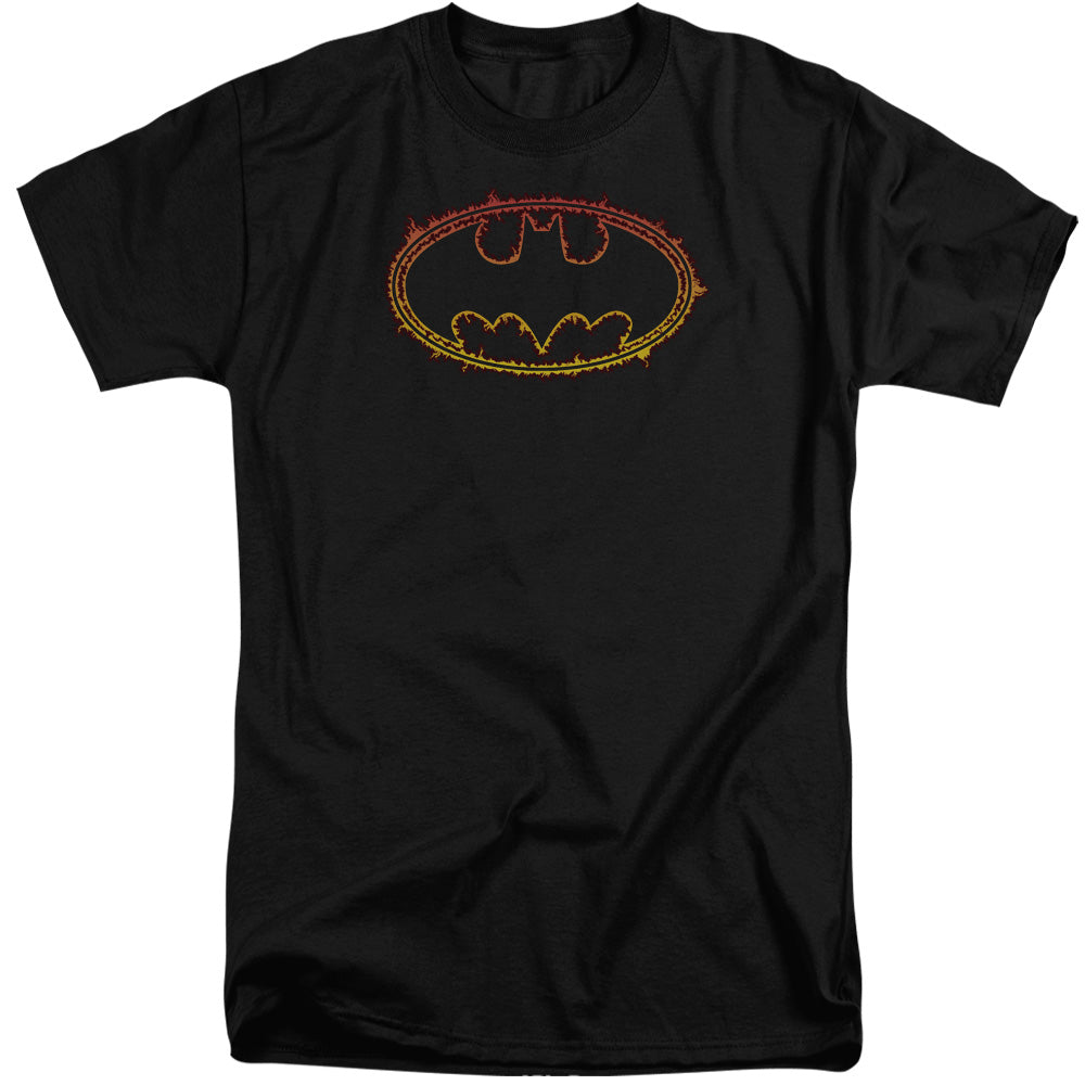 Batman Flame Outlined Logo Mens Tall T Shirt Black