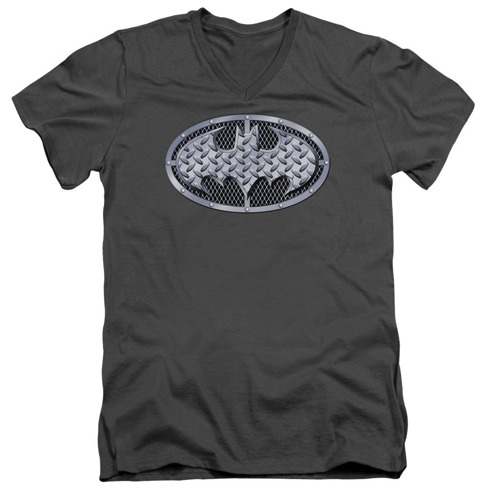Batman Steel Mesh Shield Mens Slim Fit V Neck T Shirt Charcoal